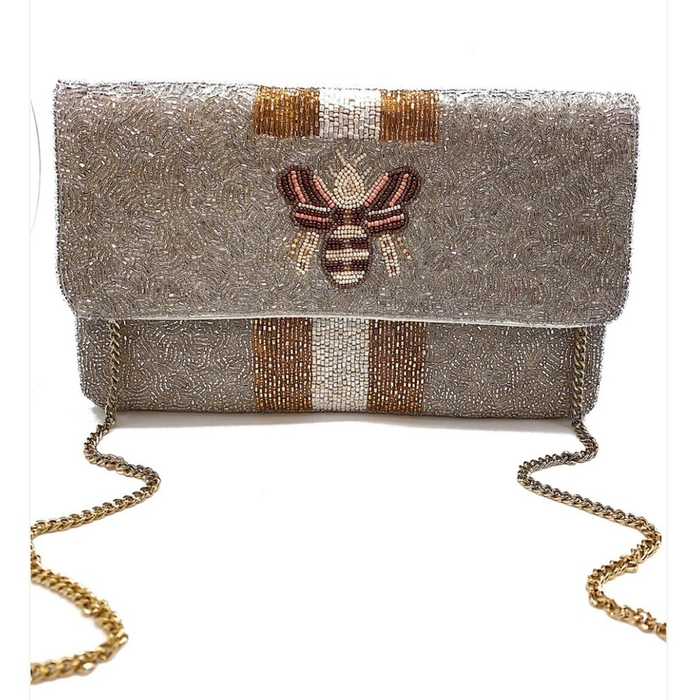JACKIE Z STYLE CO. Two Tone Bee Beaded Gold Silver & White Clutch